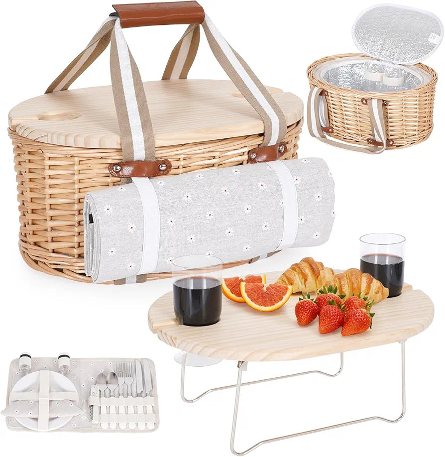 Picnic Basket Set for 2 - Wicker Insulated Basket with Blanket & Table