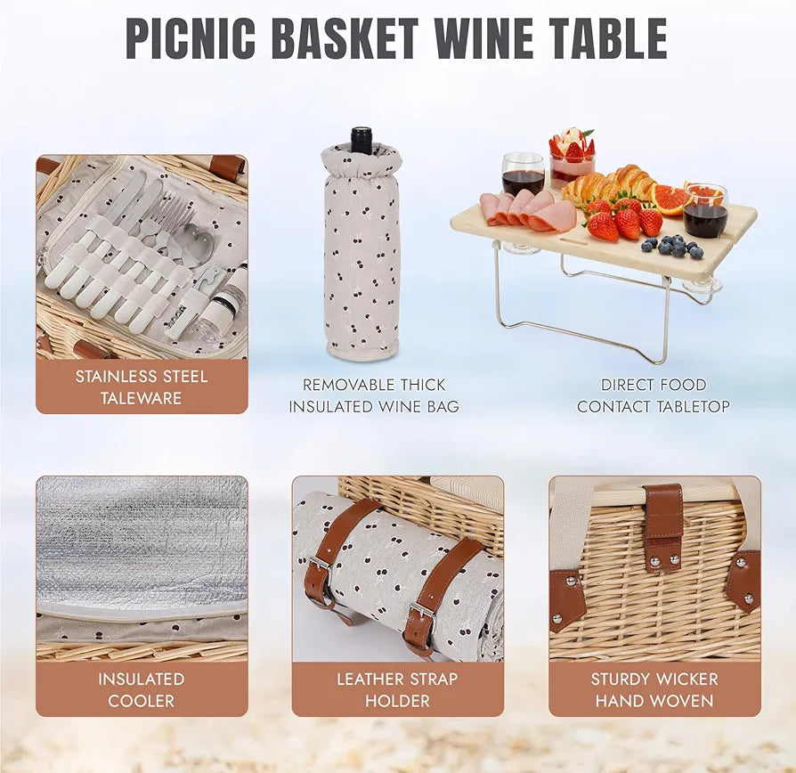 HappyPicnic Picnic Basket for 2, Wicker Set with Table and Blanket