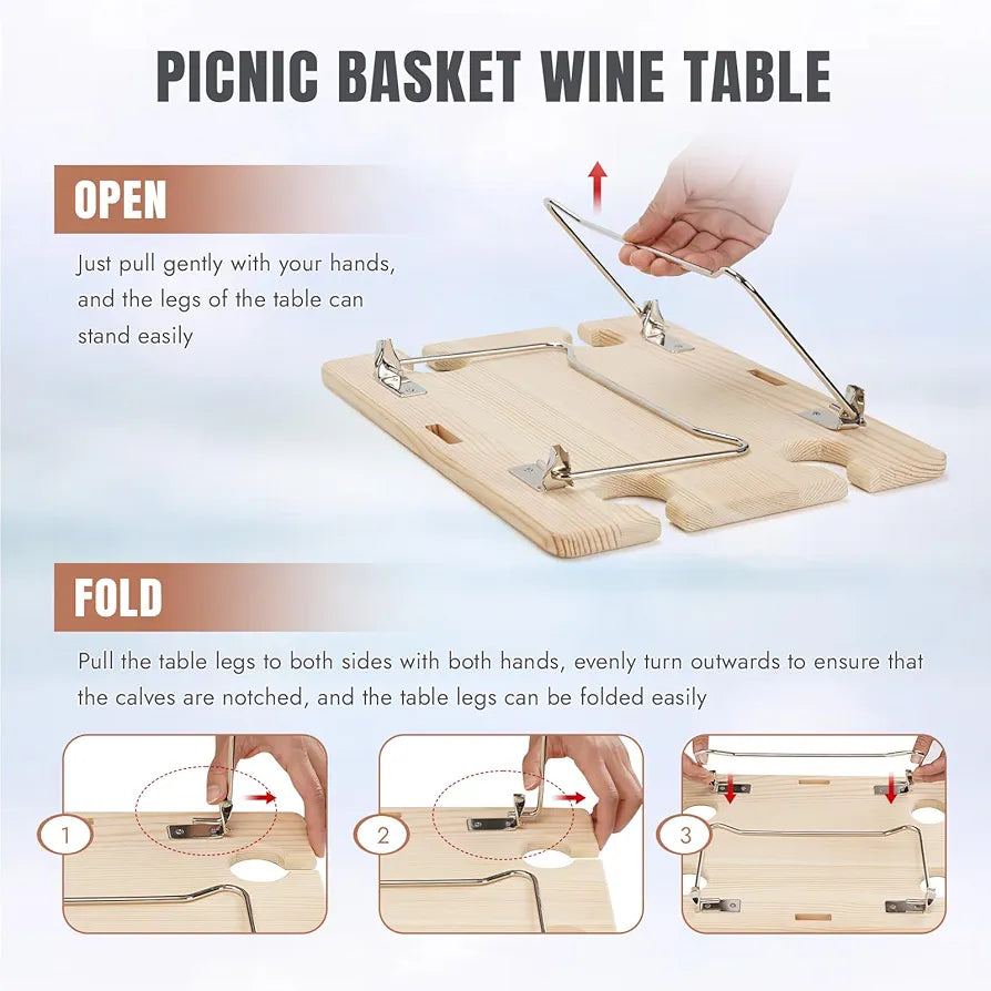 HappyPicnic Picnic Basket for 4, Wicker Set with Table and Blanket