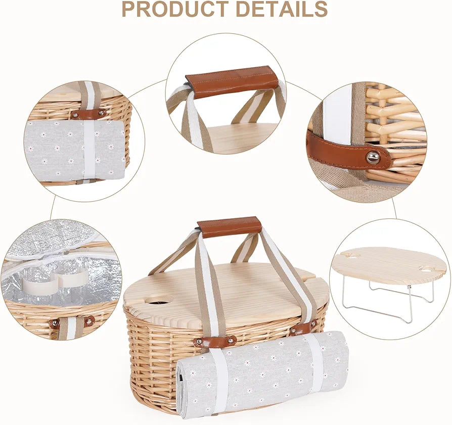 Picnic Basket Set for 2 - Wicker Insulated Basket with Blanket & Table