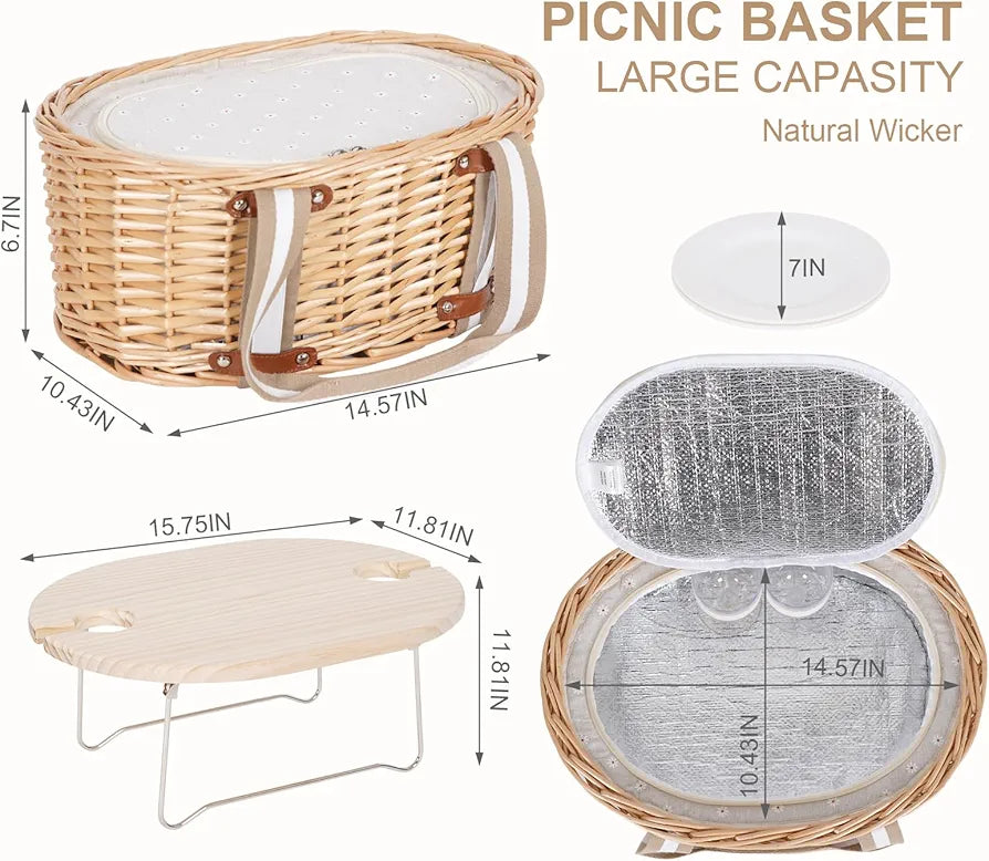 Picnic Basket Set for 2 - Wicker Insulated Basket with Blanket & Table