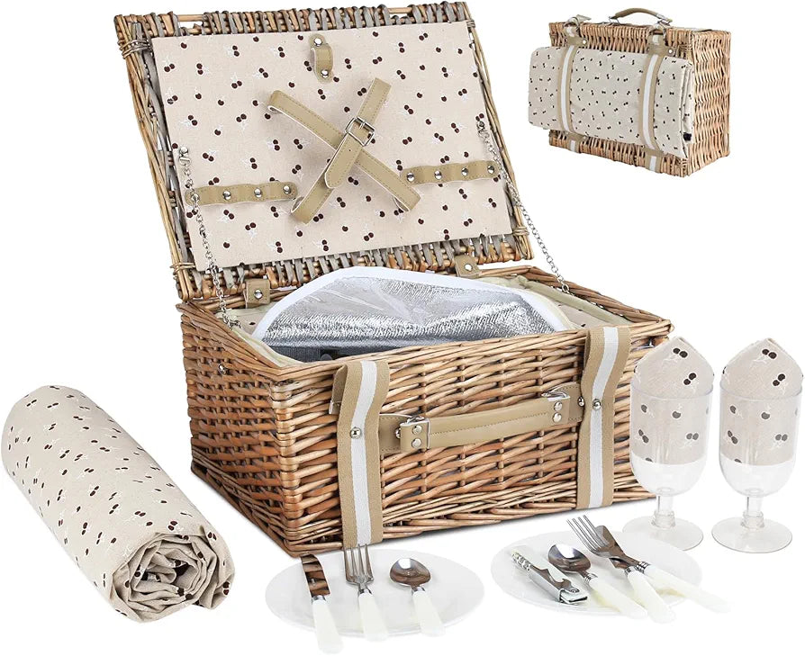 Willow Picnic Basket Set for 2 with Insulated Cooler and Blanket