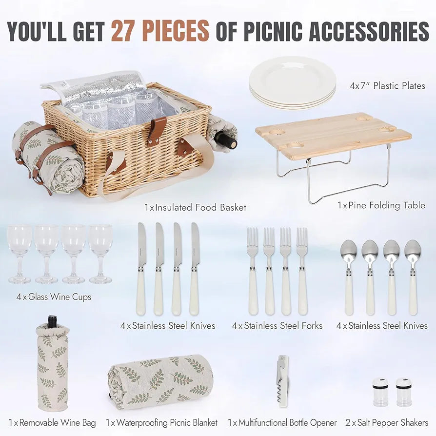 HappyPicnic Picnic Basket for 4, Wicker Set with Table and Blanket