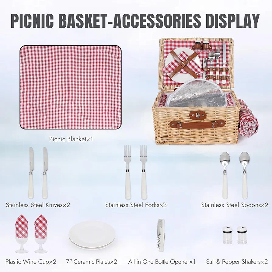 HappyPicnic Picnic Basket Set for 2 - Wicker Basket with Blanket