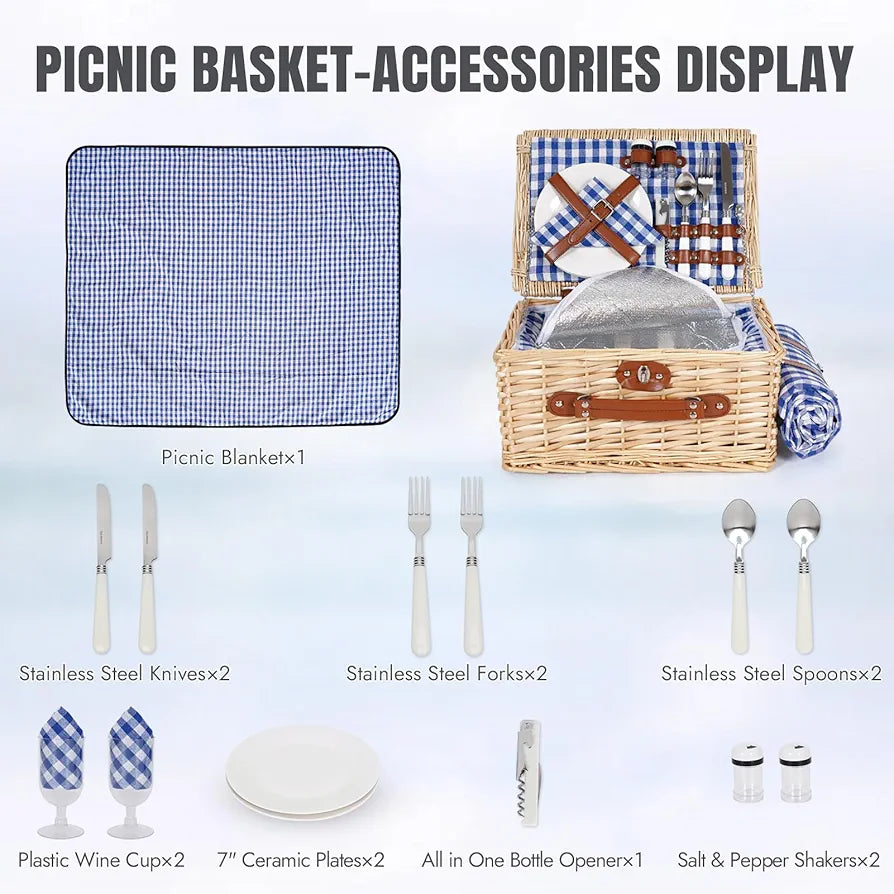 HappyPicnic Picnic Basket Set for 2 - Wicker Basket with Blanket