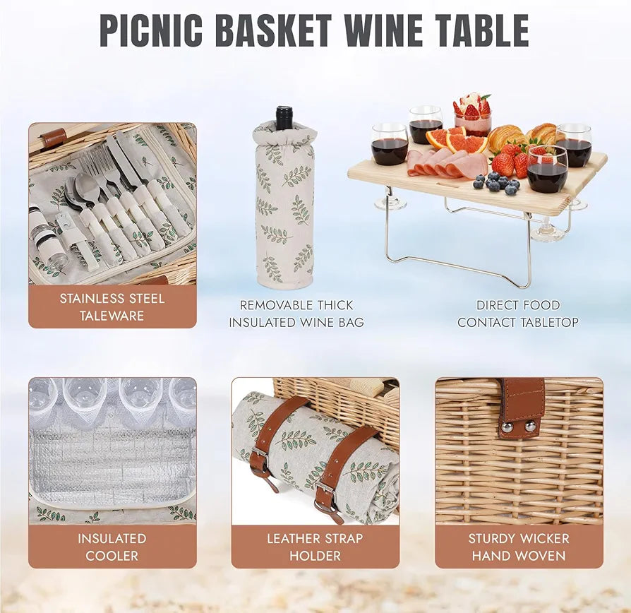 HappyPicnic Picnic Basket for 4, Wicker Set with Table and Blanket