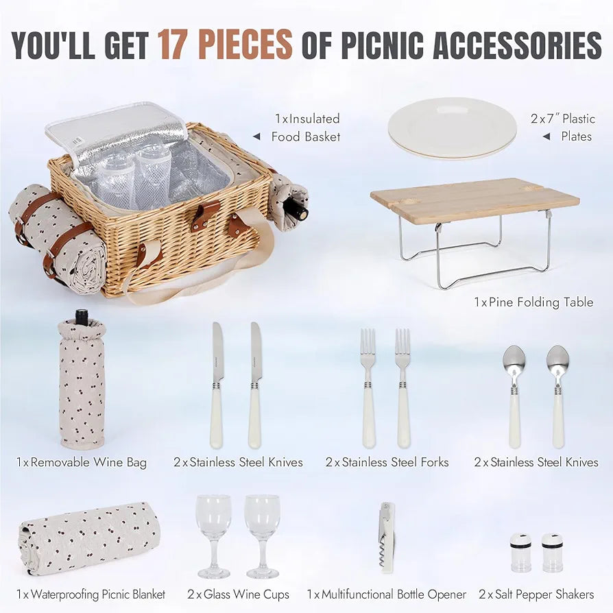 HappyPicnic Picnic Basket for 2, Wicker Set with Table and Blanket