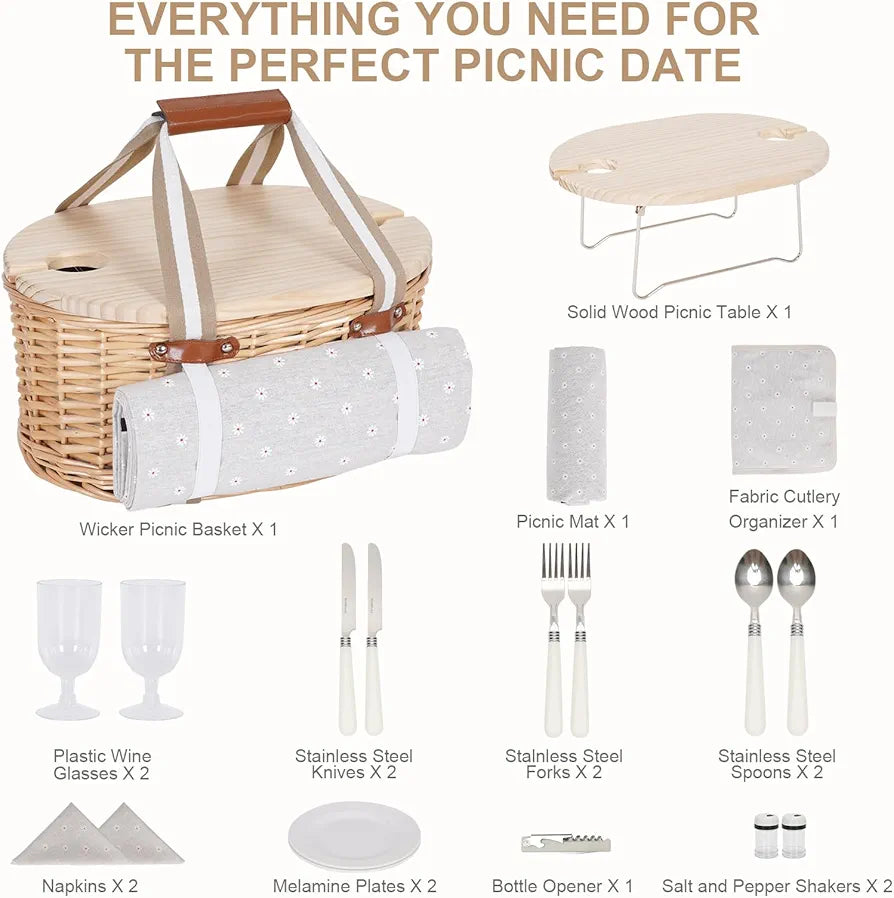 Picnic Basket Set for 2 - Wicker Insulated Basket with Blanket & Table