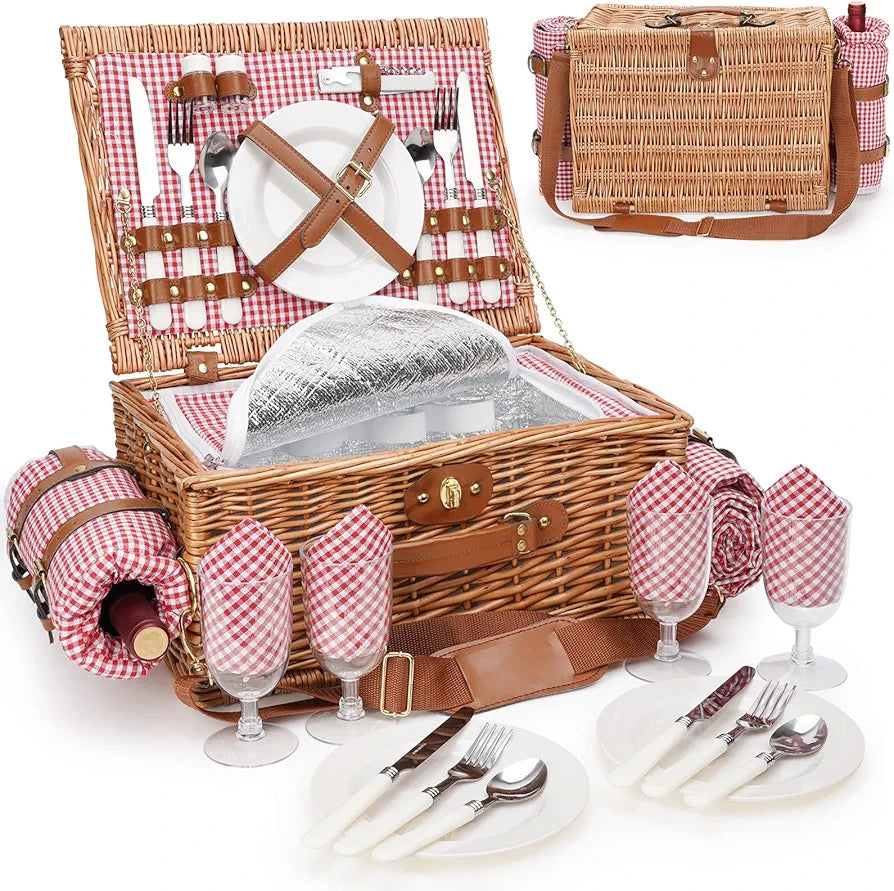 Picnic Basket for 4, Insulated Willow Hamper with Waterproof Blanket