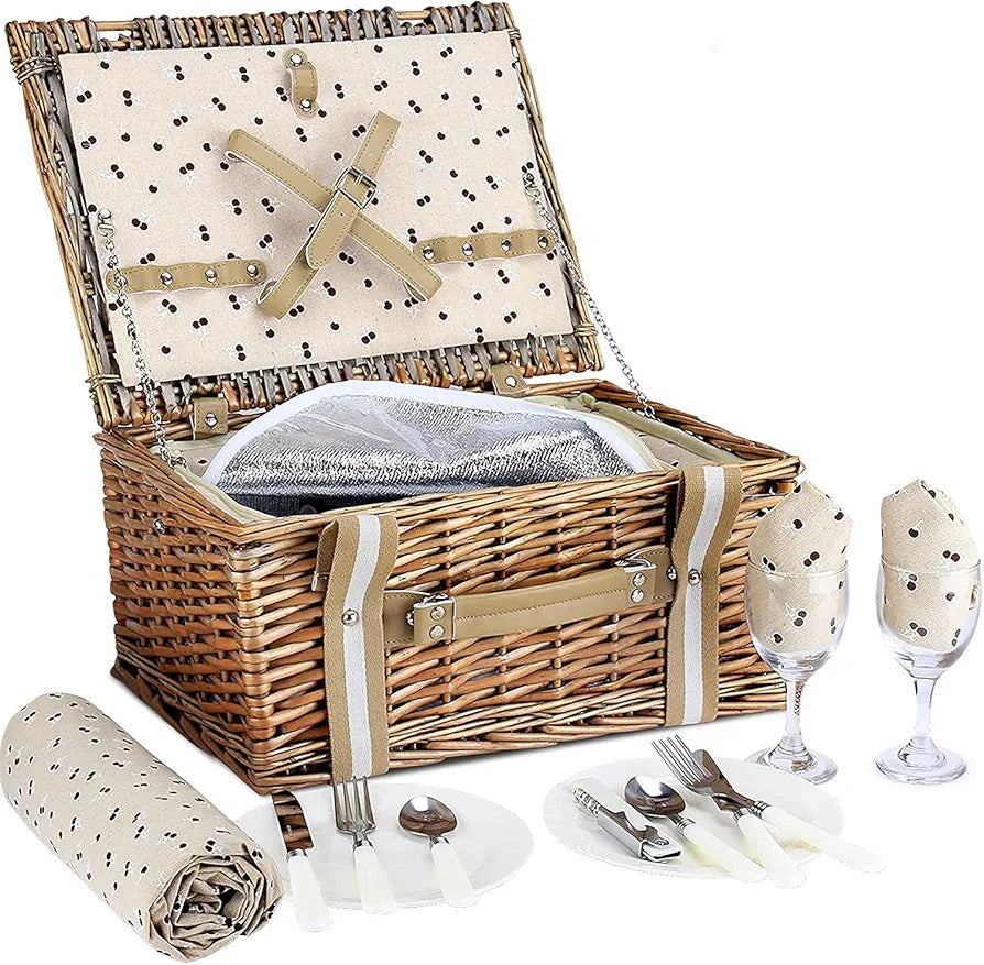 Willow Picnic Basket Set for 2 with Insulated Cooler and Blanket
