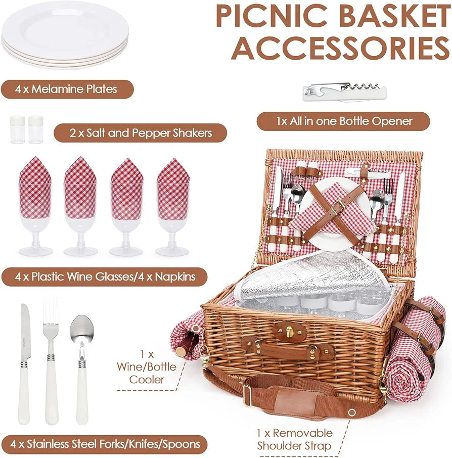 Picnic Basket for 4, Insulated Willow Hamper with Waterproof Blanket
