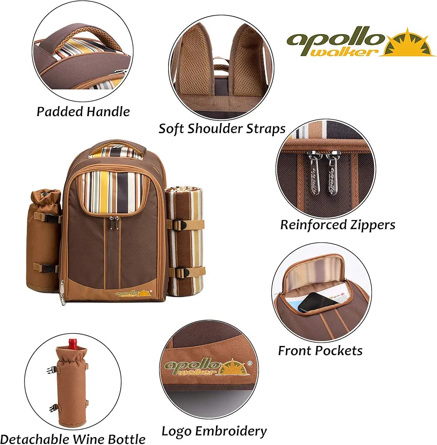 Apollo Walker Picnic Backpack for 4 with Cooler, Wine Bag, Blanket