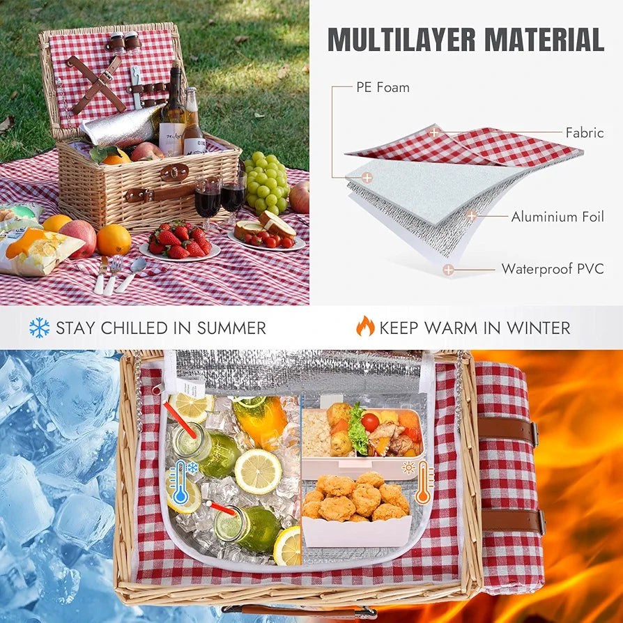 HappyPicnic Picnic Basket Set for 2 - Wicker Basket with Blanket