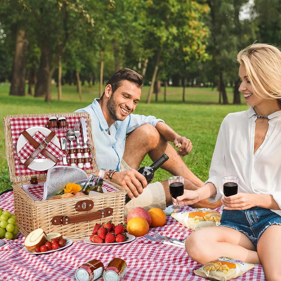 HappyPicnic Picnic Basket Set for 2 - Wicker Basket with Blanket