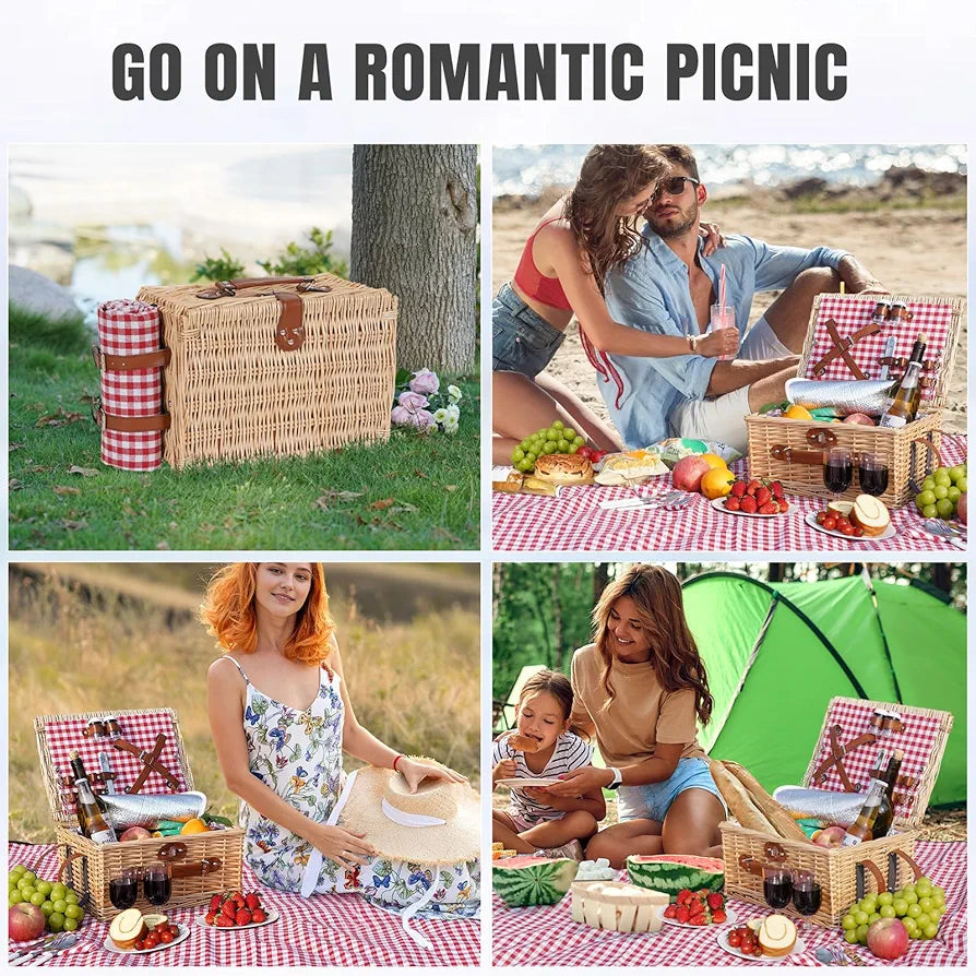 HappyPicnic Picnic Basket Set for 2 - Wicker Basket with Blanket