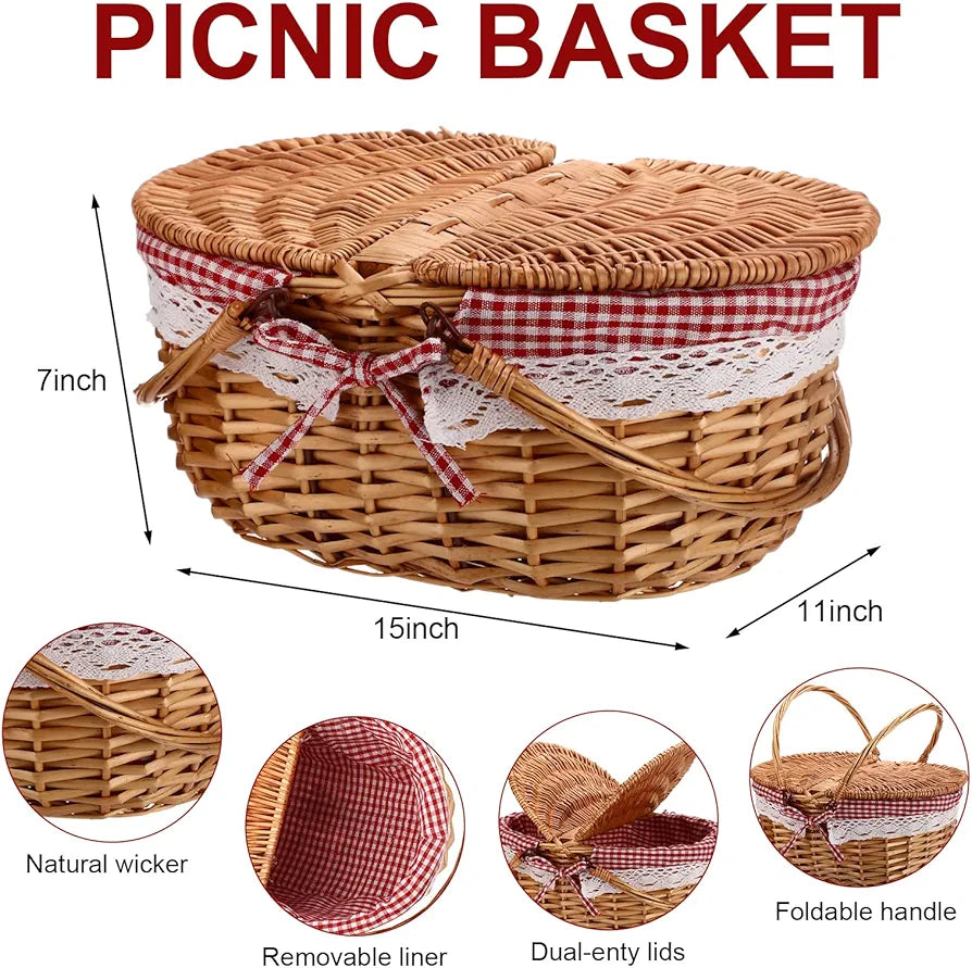 Picnic Basket with Blankets, Bamboo Plates, and Washable Lining