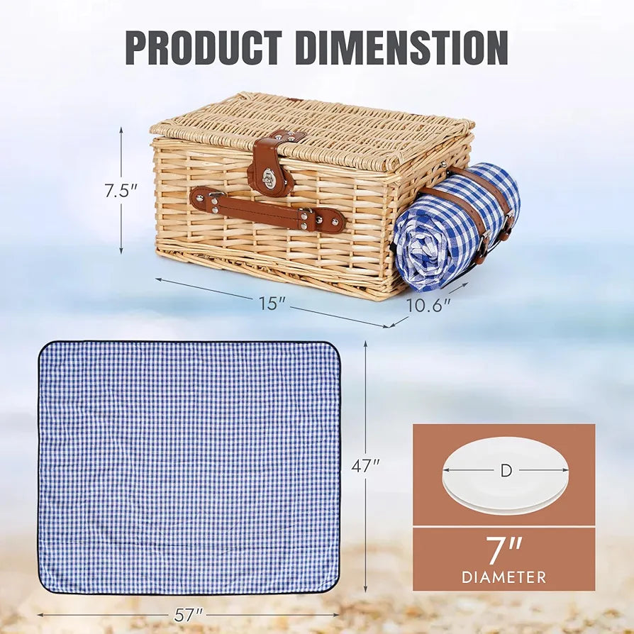 HappyPicnic Picnic Basket Set for 2 - Wicker Basket with Blanket