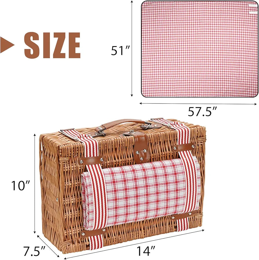 Wicker Picnic Basket for 2 with Insulated Cooler and Picnic Blanket