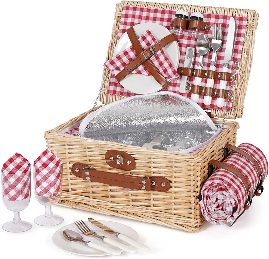HappyPicnic Picnic Basket Set for 2 - Wicker Basket with Blanket