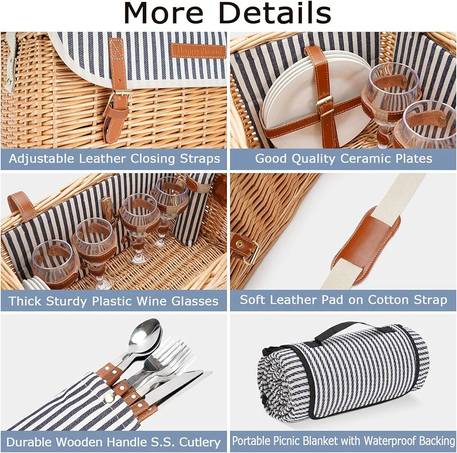 Wicker Picnic Basket for 4, Willow Hamper Service Gift Set with Blanket