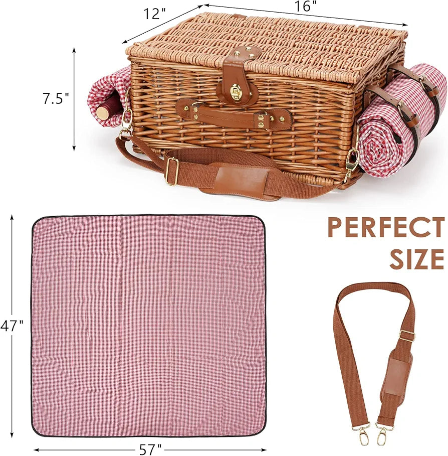 Picnic Basket for 4, Insulated Willow Hamper with Waterproof Blanket
