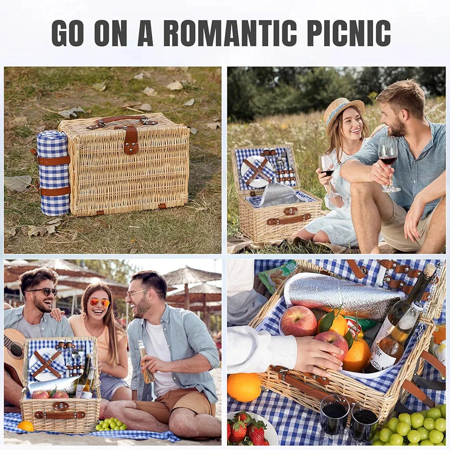 HappyPicnic Picnic Basket Set for 2 - Wicker Basket with Blanket