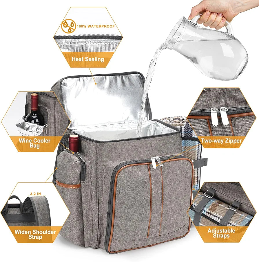 Picnic Backpack for 4, Picnic Basket Set, Leakproof Cooler Backpack