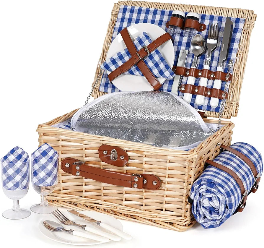 HappyPicnic Picnic Basket Set for 2 - Wicker Basket with Blanket