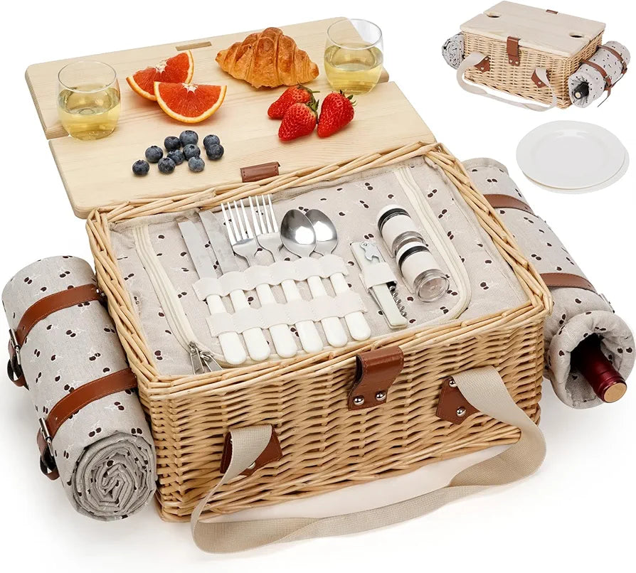 HappyPicnic Picnic Basket for 2, Wicker Set with Table and Blanket