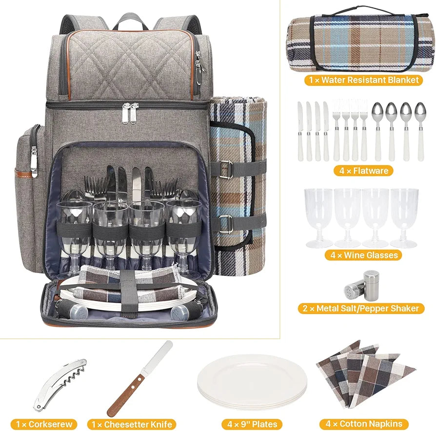 Picnic Backpack for 4, Picnic Basket Set, Leakproof Cooler Backpack