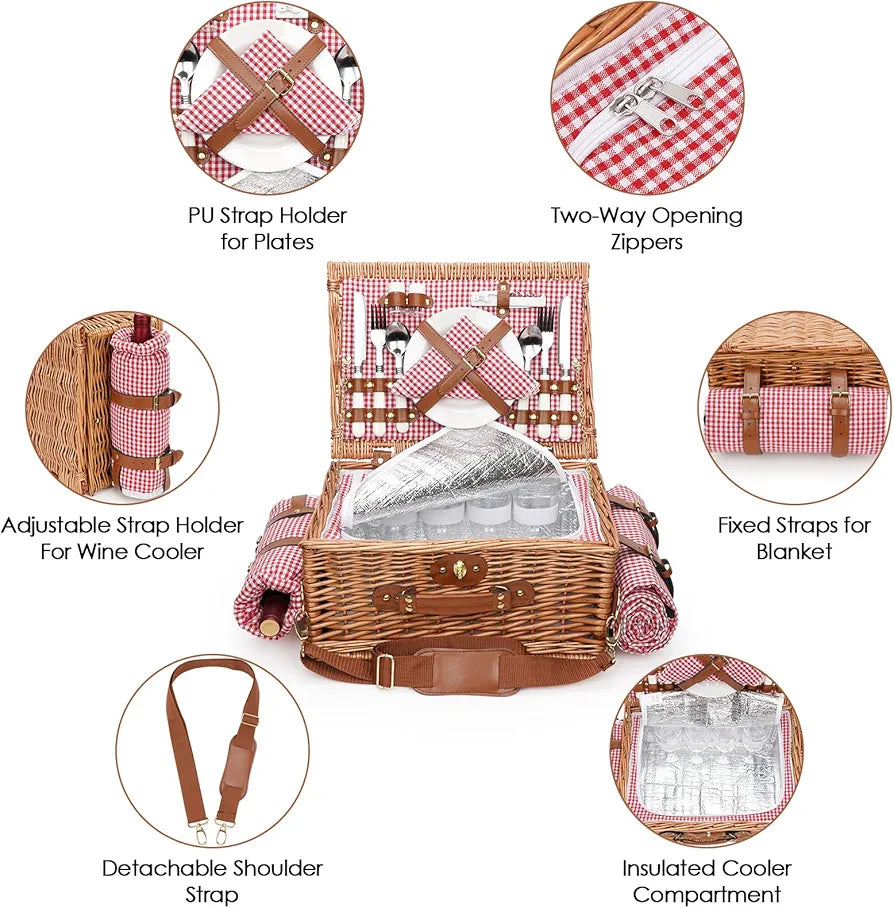 Picnic Basket for 4, Insulated Willow Hamper with Waterproof Blanket