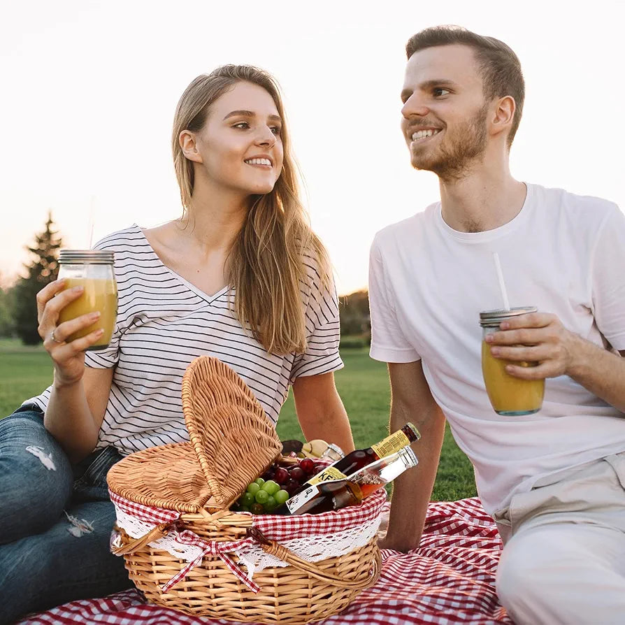 Picnic Basket with Blankets, Bamboo Plates, and Washable Lining