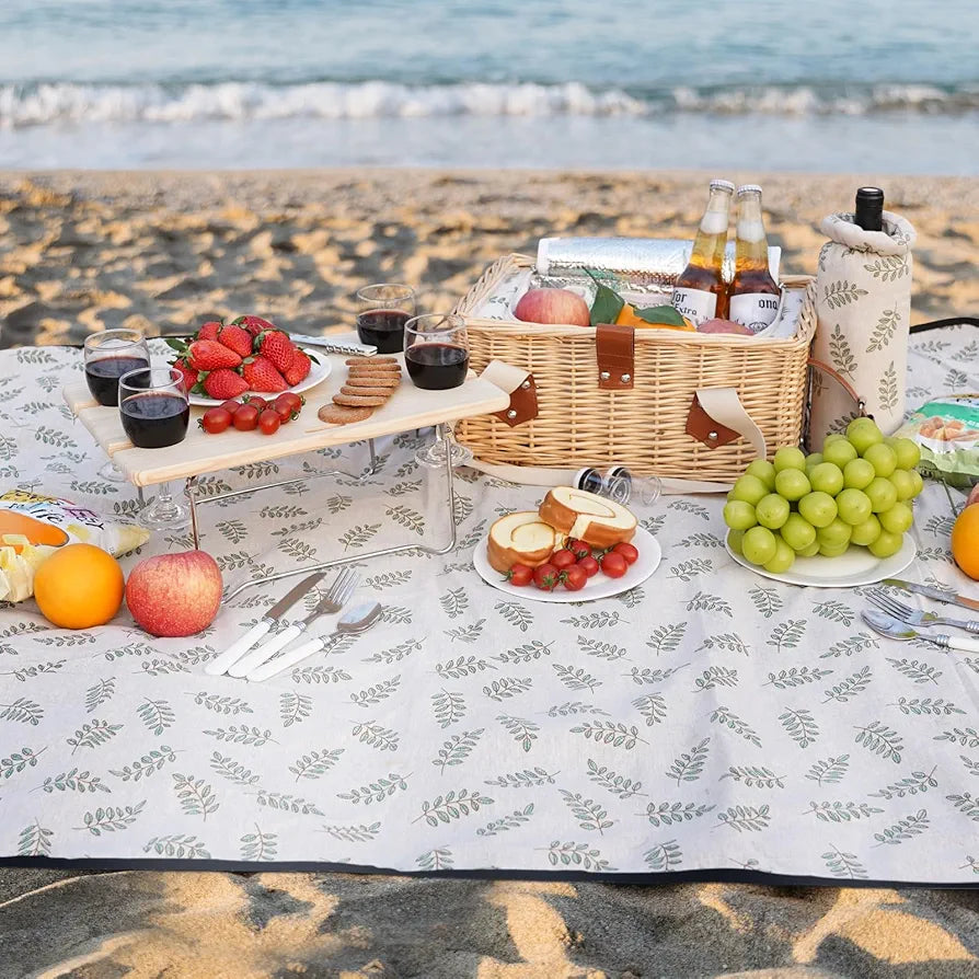 HappyPicnic Picnic Basket for 4, Wicker Set with Table and Blanket