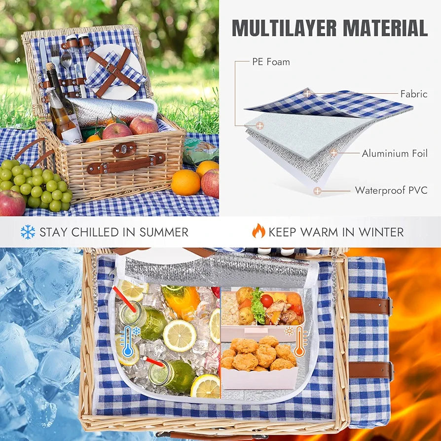 HappyPicnic Picnic Basket Set for 2 - Wicker Basket with Blanket