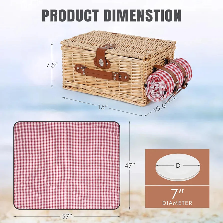 HappyPicnic Picnic Basket Set for 2 - Wicker Basket with Blanket