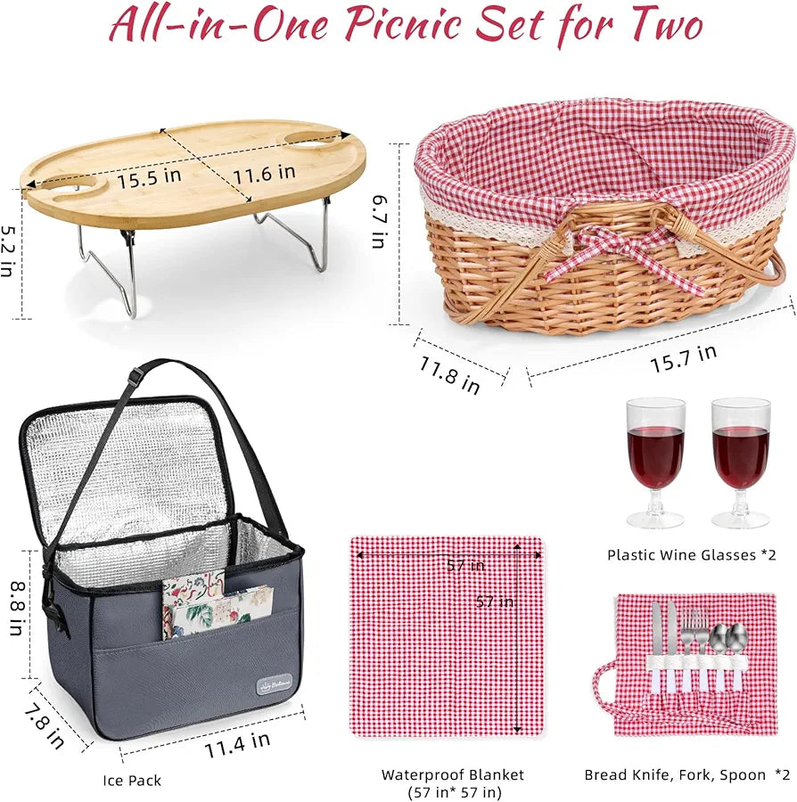 Picnic Basket for 2 with Table, Blanket, and Insulated Cooler Bag