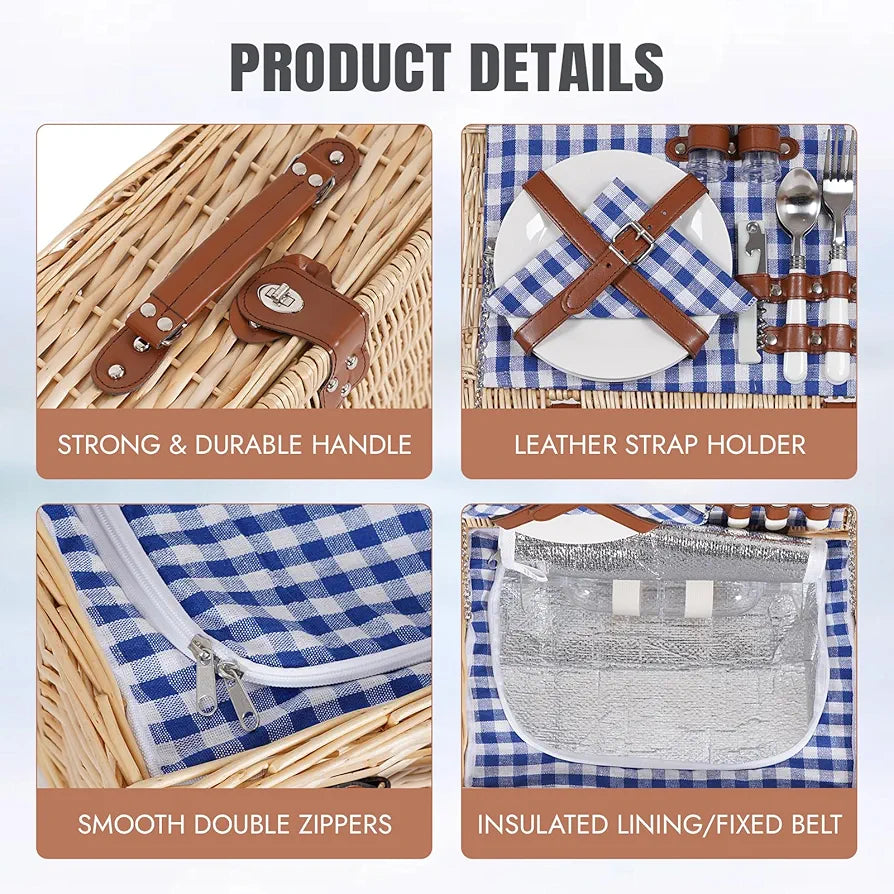 HappyPicnic Picnic Basket Set for 2 - Wicker Basket with Blanket