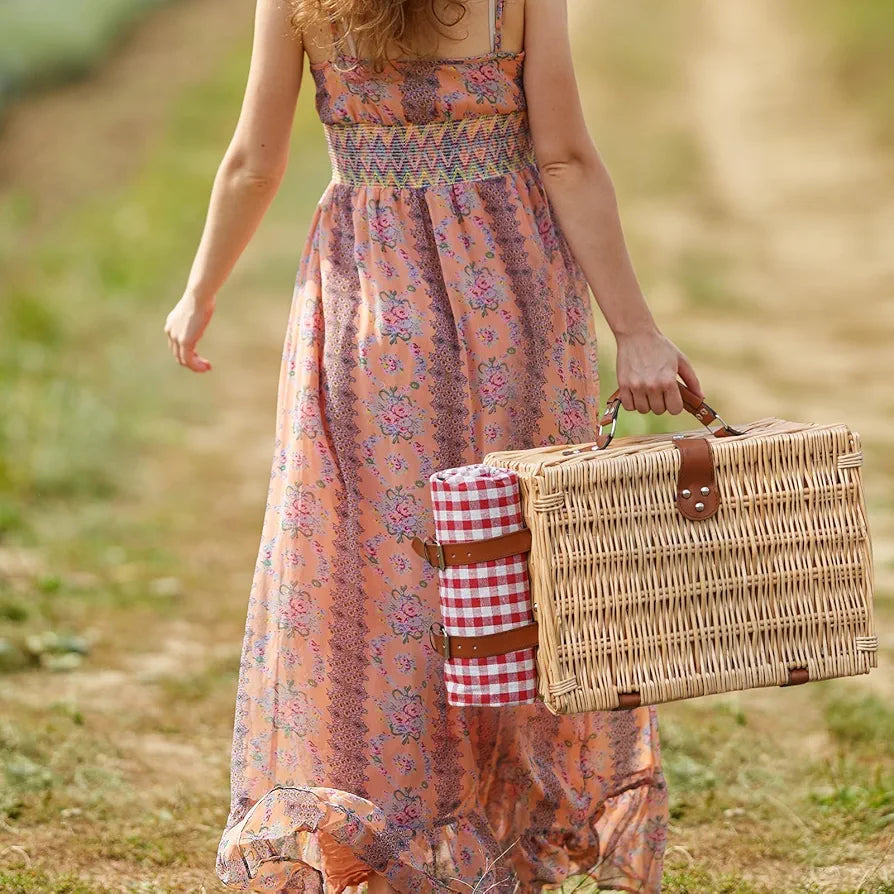 HappyPicnic Picnic Basket Set for 2 - Wicker Basket with Blanket