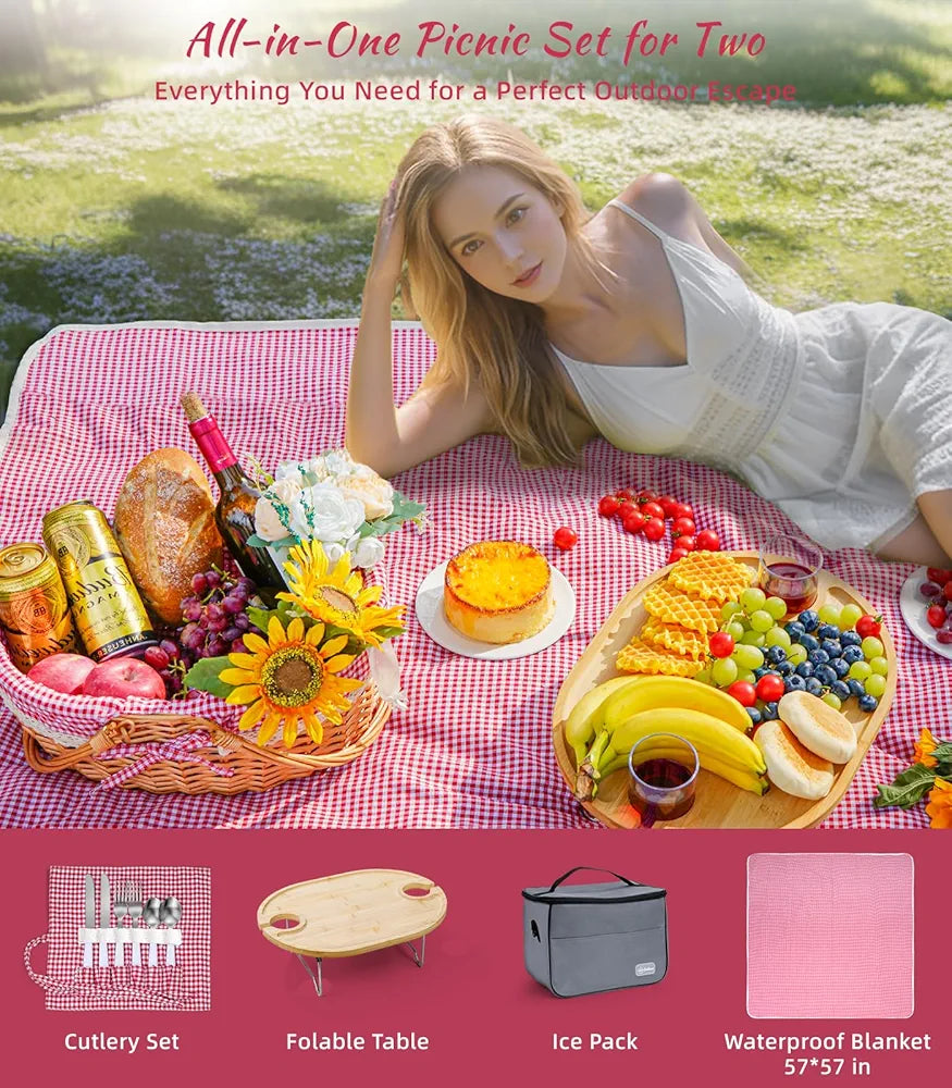 Picnic Basket for 2 with Table, Blanket, and Insulated Cooler Bag