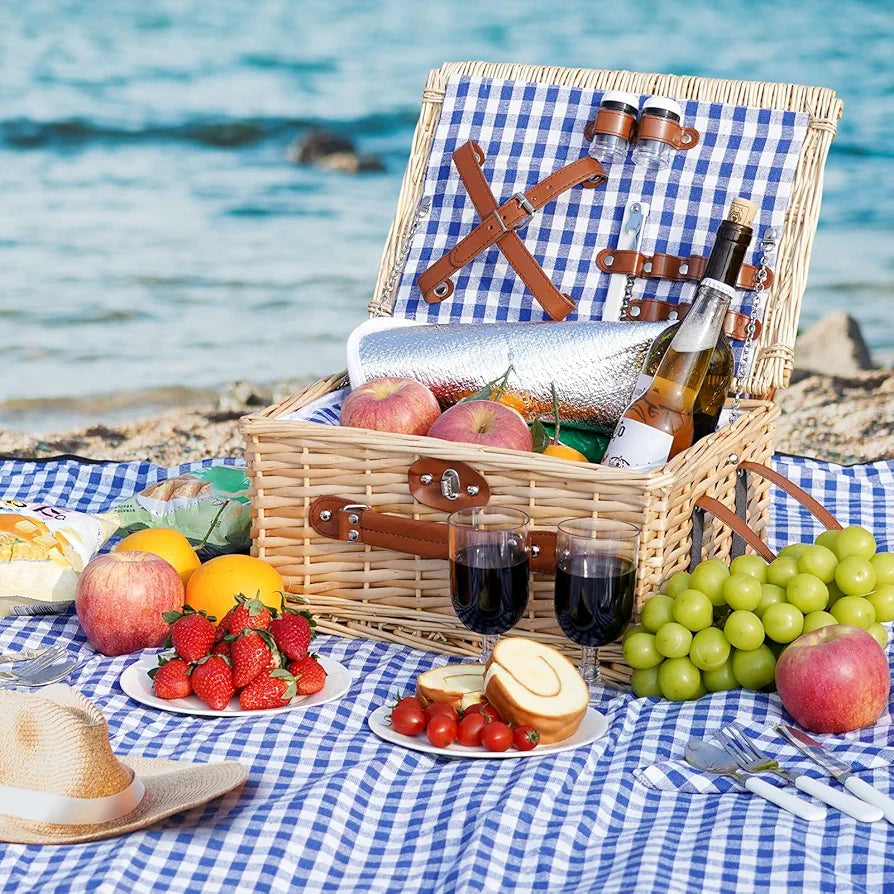 HappyPicnic Picnic Basket Set for 2 - Wicker Basket with Blanket