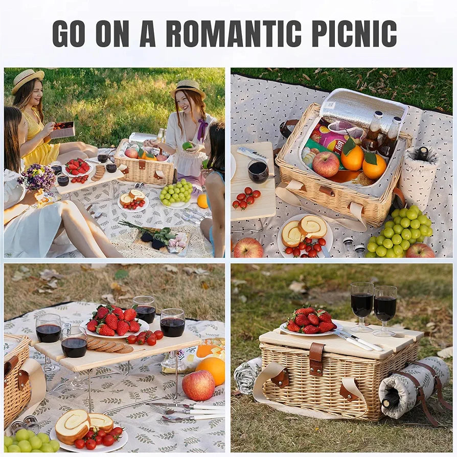 HappyPicnic Picnic Basket for 4, Wicker Set with Table and Blanket