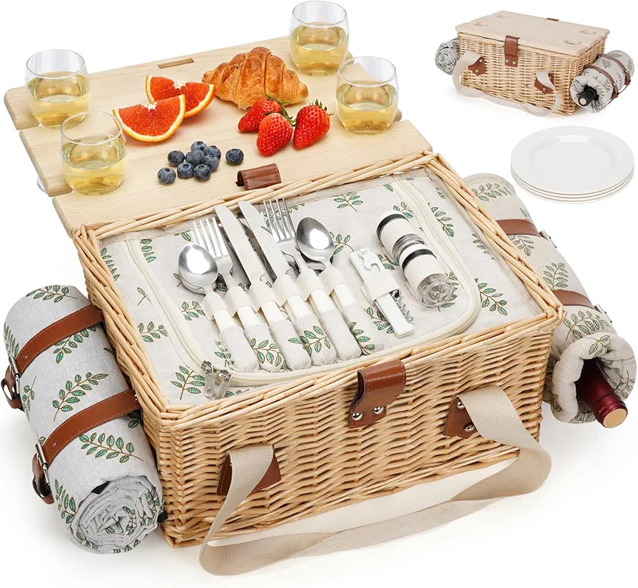 HappyPicnic Picnic Basket for 4, Wicker Set with Table and Blanket