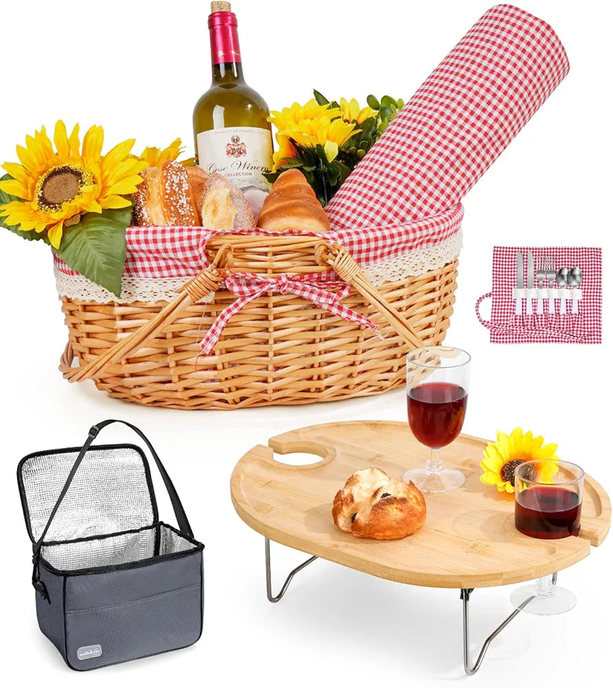 Picnic Basket for 2 with Table, Blanket, and Insulated Cooler Bag