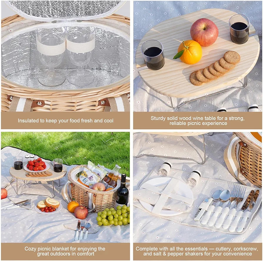 Picnic Basket Set for 2 - Wicker Insulated Basket with Blanket & Table