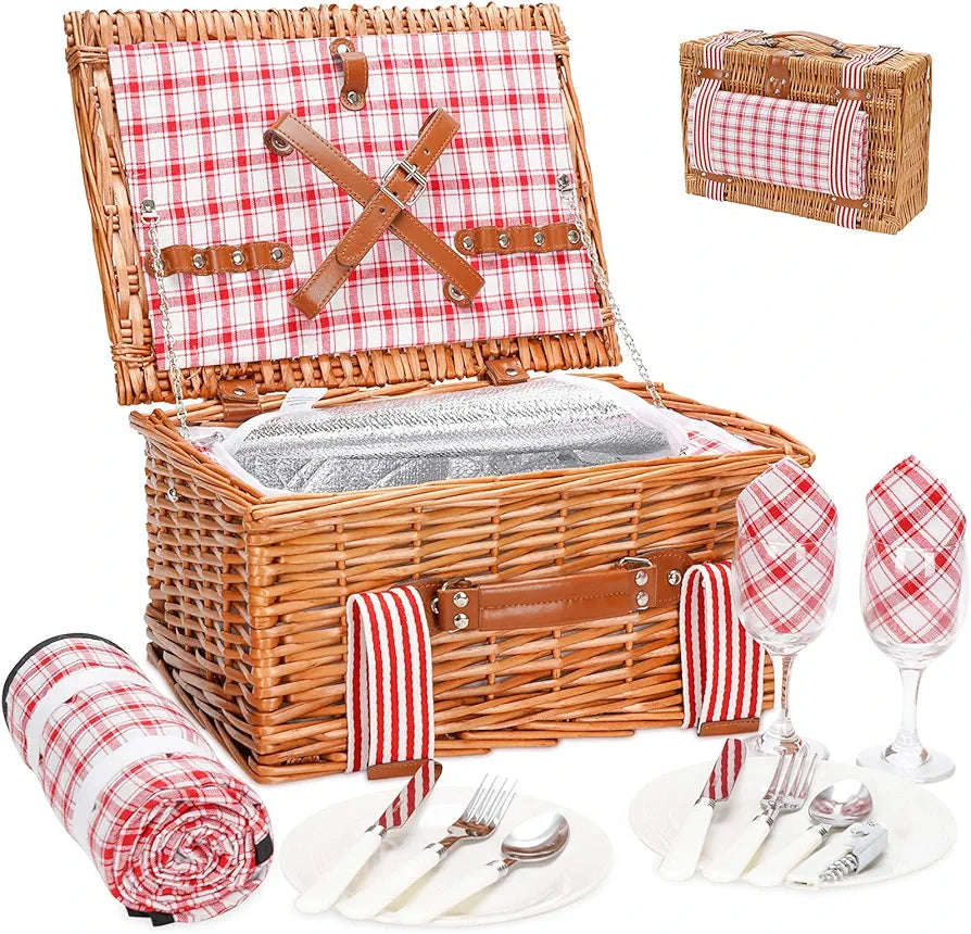 Wicker Picnic Basket for 2 with Insulated Cooler and Picnic Blanket