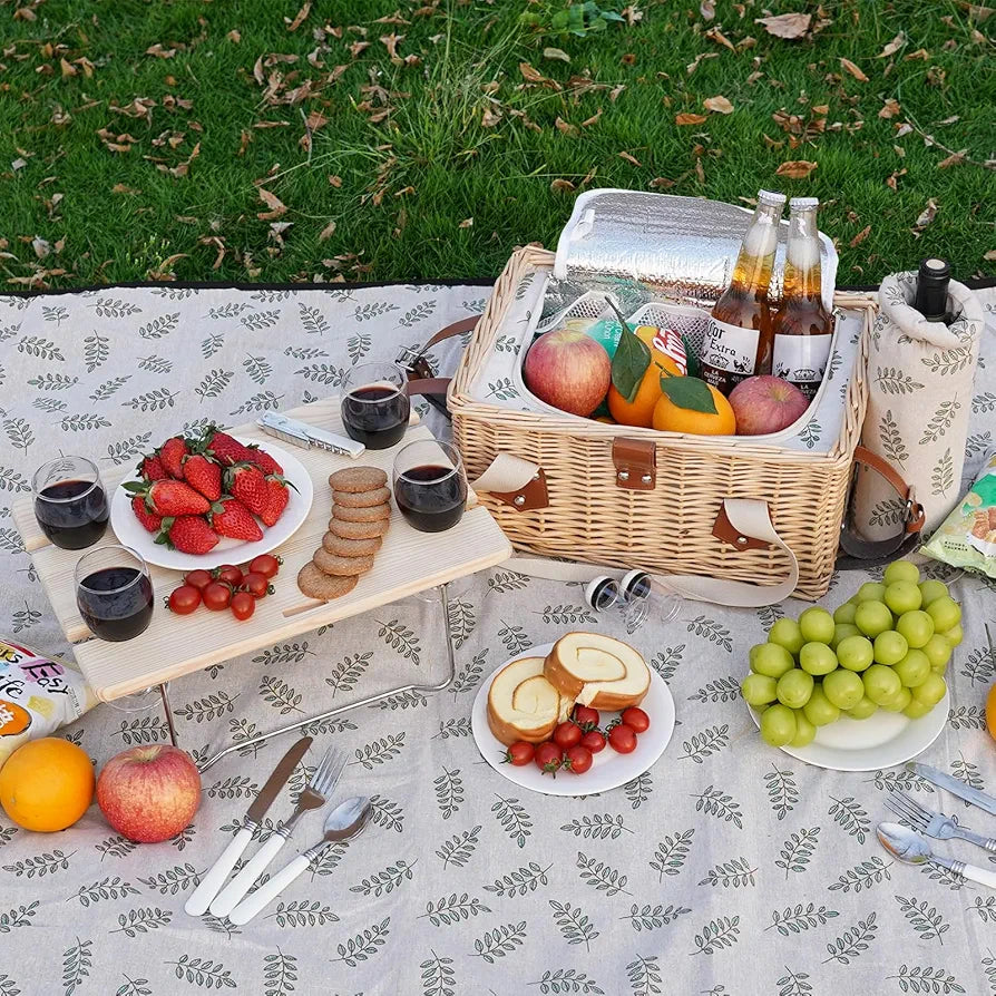 HappyPicnic Picnic Basket for 4, Wicker Set with Table and Blanket