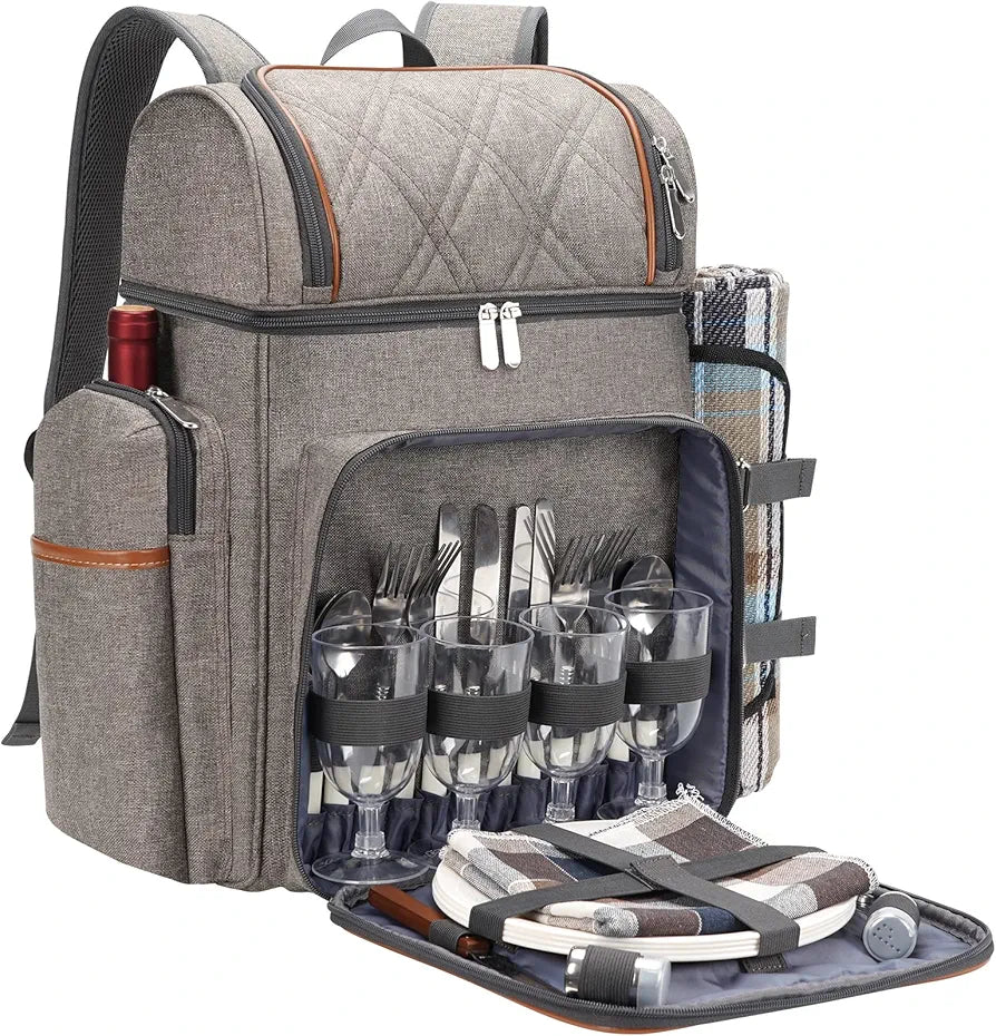 Picnic Backpack for 4, Picnic Basket Set, Leakproof Cooler Backpack