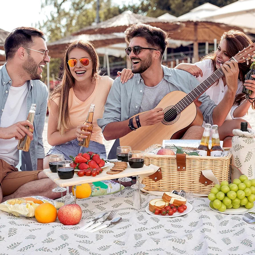 HappyPicnic Picnic Basket for 4, Wicker Set with Table and Blanket
