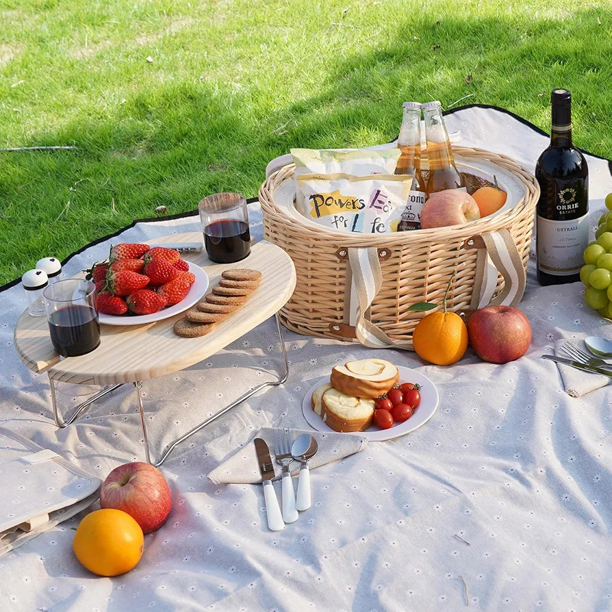 Picnic Basket Set for 2 - Wicker Insulated Basket with Blanket & Table