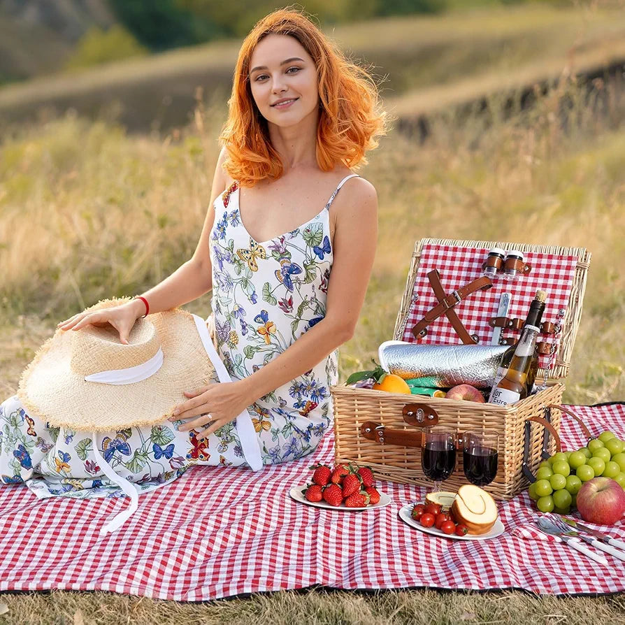 HappyPicnic Picnic Basket Set for 2 - Wicker Basket with Blanket